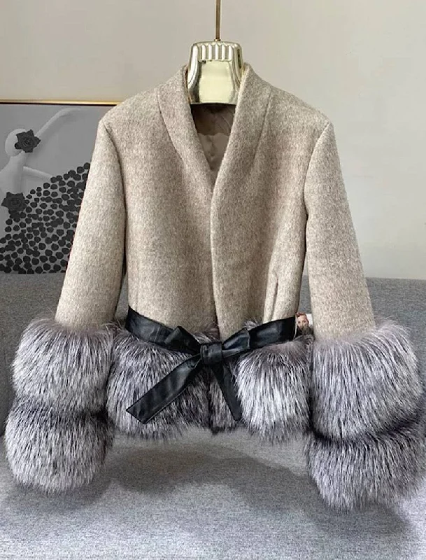 Cashmere Jacket with Dusty Black Fox Fur Trim Leather Waist Tie