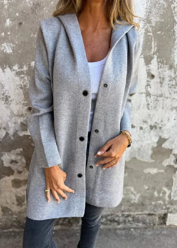 Casual Grey Hooded Button Pockets Cotton Coat Fall