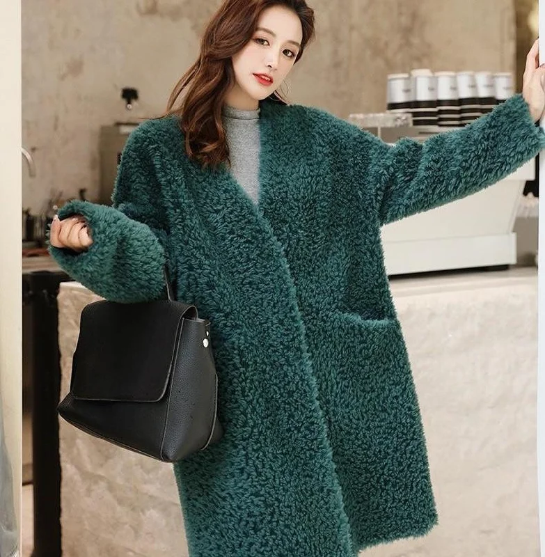 Casual Korean Winter Women's Solid Sheep Shearling Wool Fur Coats & Jackets