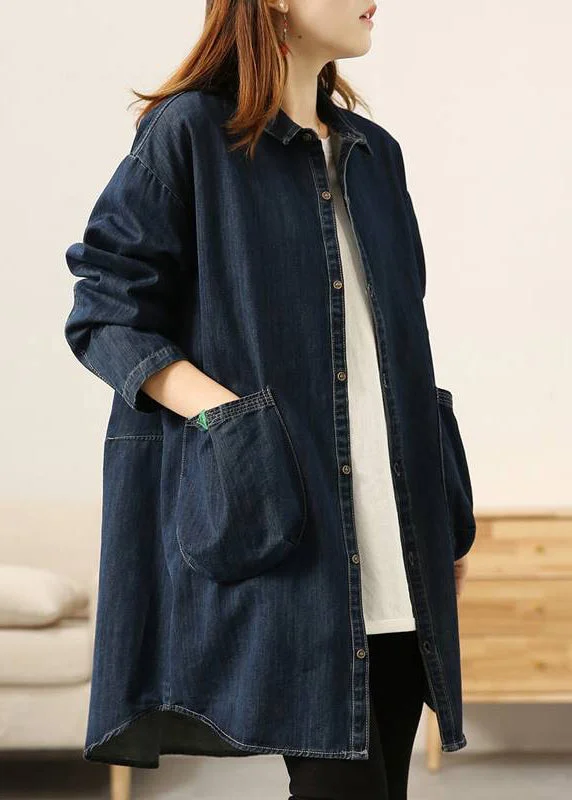 Casual Peter Pan Collar Button Pockets Cotton Denim Coats Long Sleeve