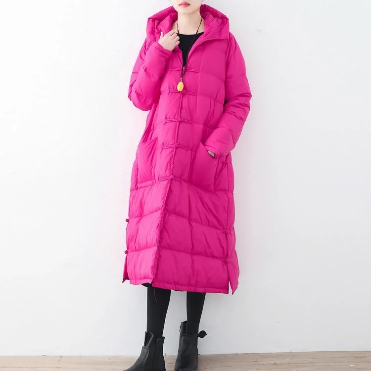 Casual Rose Red Parka Casual Down Coat Fine Hooded Outwear Chinese Button