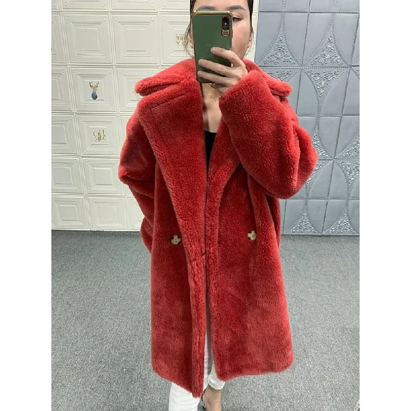 Casual Winter Warm Thick Fur Women's Solid Sheep Shearling Coats & Jackets