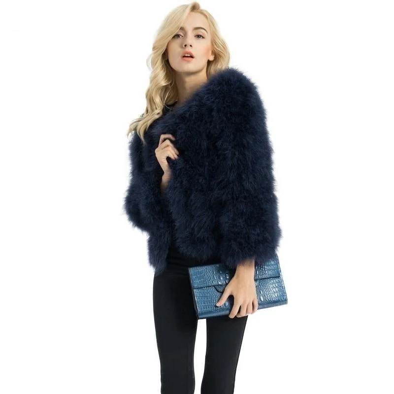 Casual Women's Solid Genuine Ostrich Fur Feather Winter Thick Warm Jacket