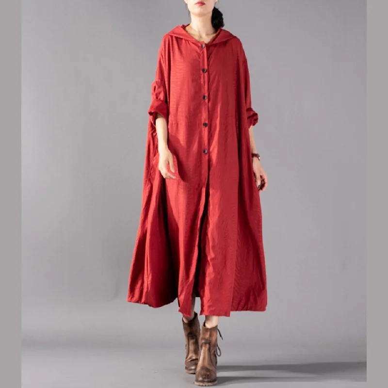 Chunky red blended cardigans oversized hooded large hem coat