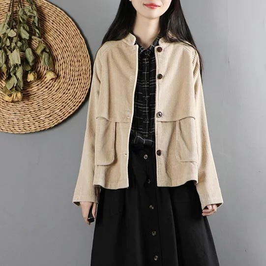 Classy big pockets Fashion patchwork tunic coat khaki Art outwear