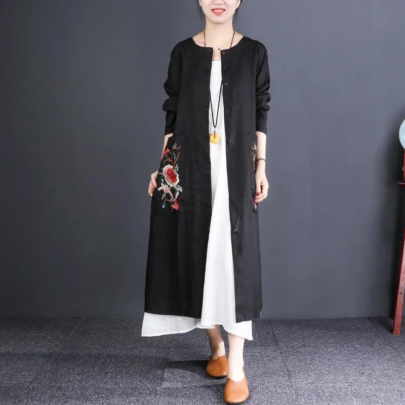 Comfy black jackets oversized o neck embroidery dress