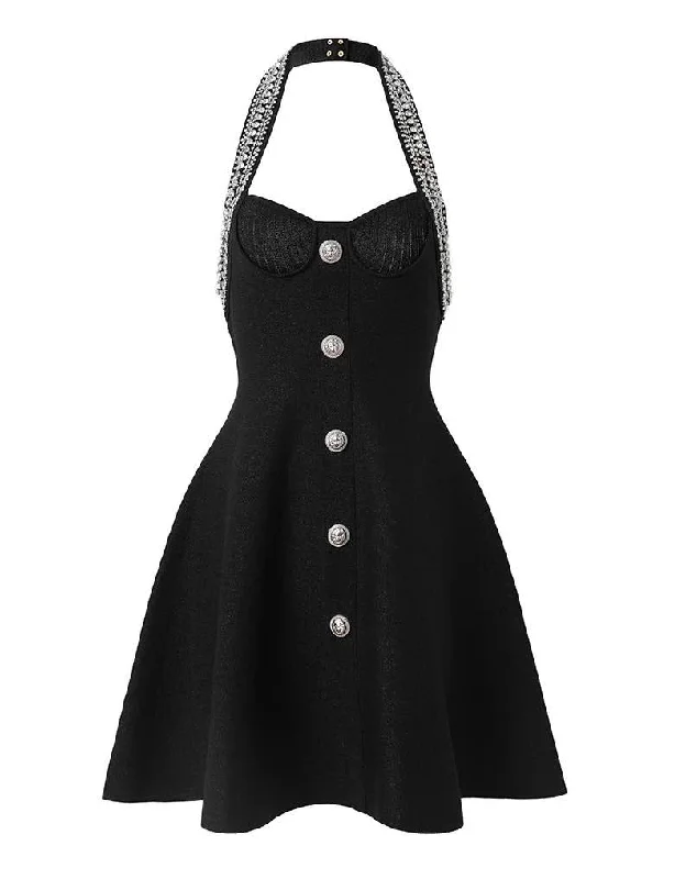 Crystal Halter Neck Flared Knitted Black Dress