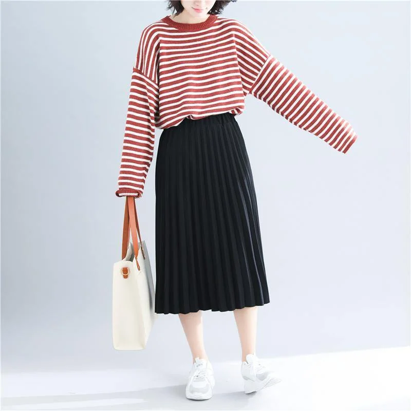 Cute red striped sweater coat Loose fitting knitted tops