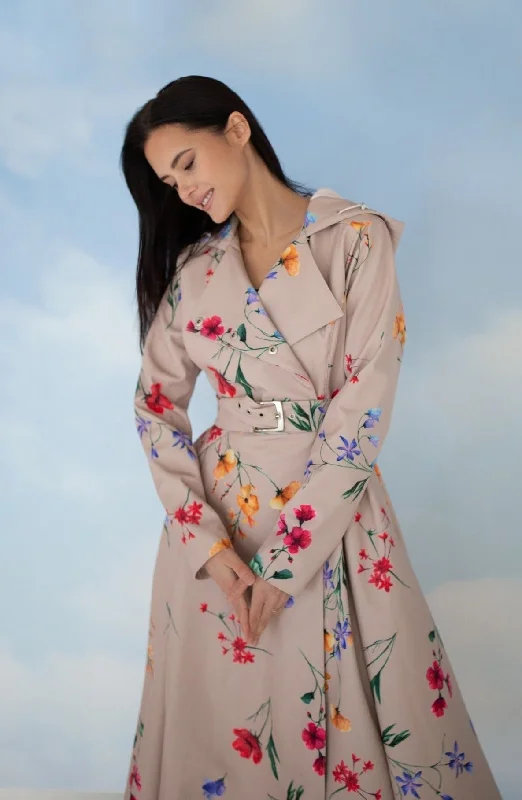 Double Breasted Trench Coat in Beige with Flower Print | 'Spring Bloom'