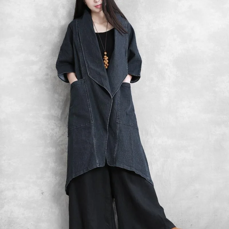 Elegant asymmetric top quality trench coat denim blue oversized coat fall