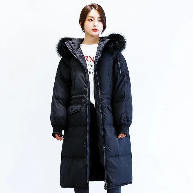 Elegant black down jacket woman Loose fitting tie waist down jacket fur collar coats