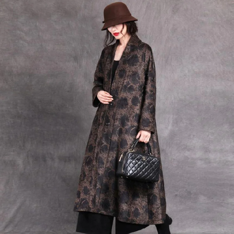 Elegant black print woolen coats casual long winter baggy V neck coats