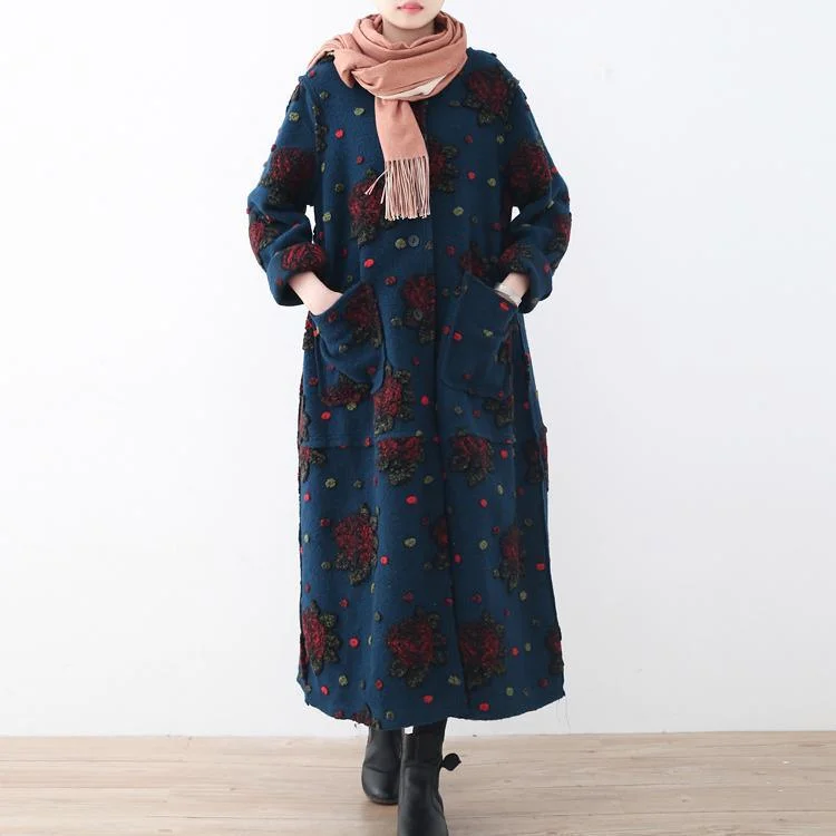 Elegant blue Jackets & Coats Loose fitting cardigans Fashion jacquard long coats floral