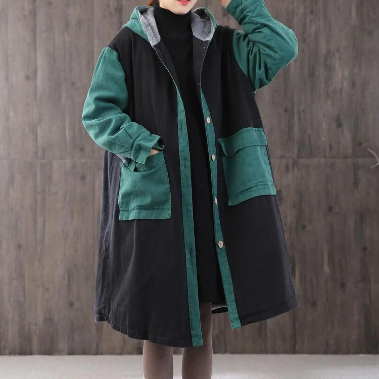 Elegant green womens parkas oversized hooded patchwork winter coats