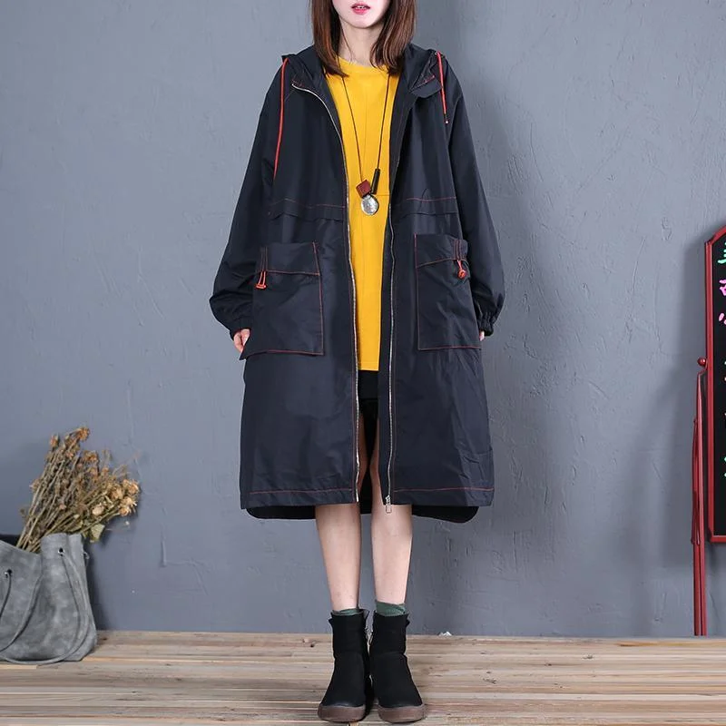 Elegant Loose fitting long jackets fall jacket black side open hooded Coat Women