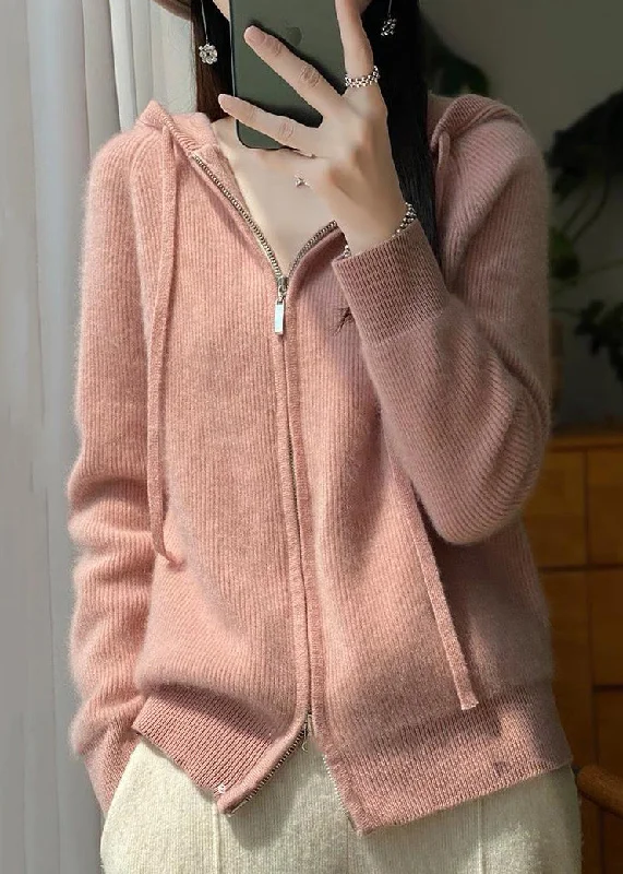 Elegant Pink Hooded Zip Up Wool Knit Coat Fall