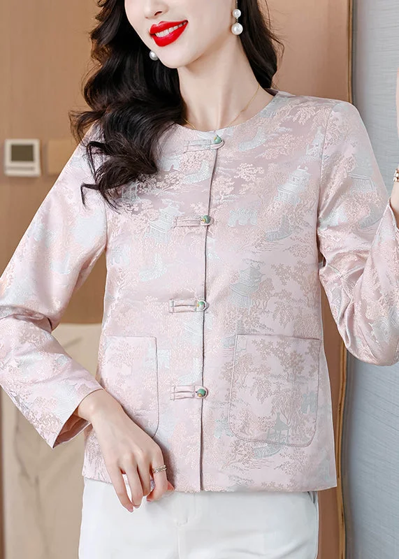 Elegant Pink O Neck Button Pockets Silk Coat Fall