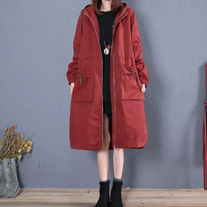 Elegant red side open Coat Women Loose fitting long jackets fall hooded