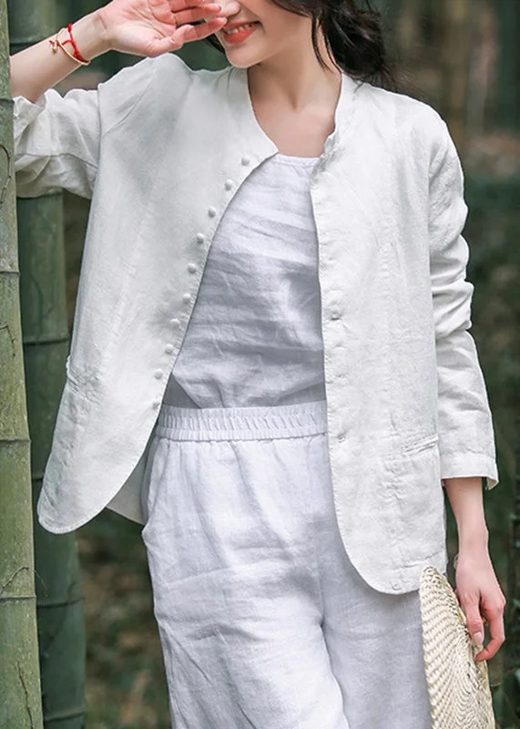 Elegant White O-Neck Button Coats Long Sleeve