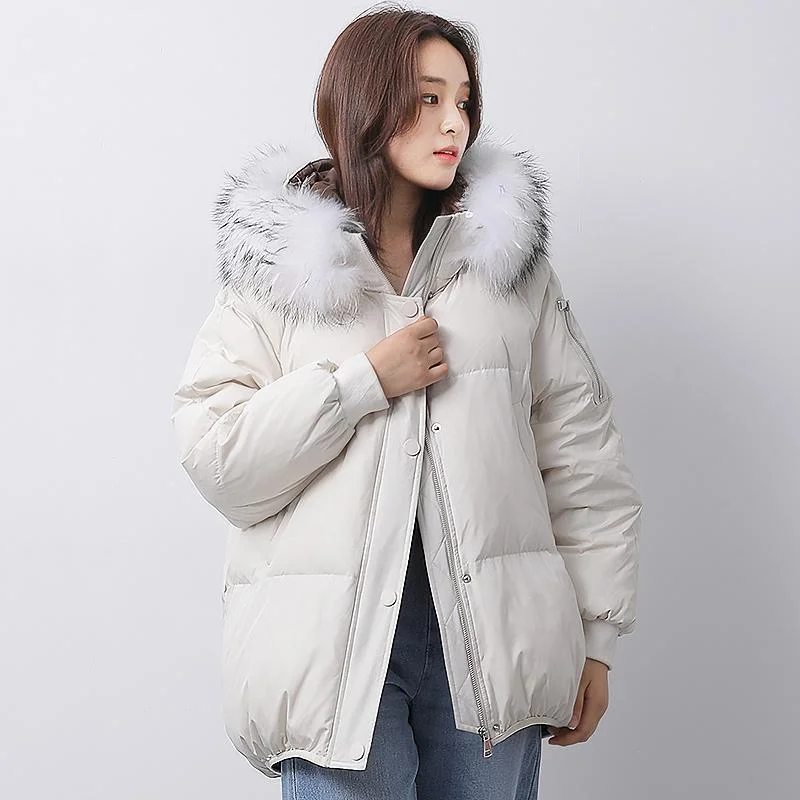 Elegant white warm winter coat Loose fitting fur collar women parka long sleeve winter outwear