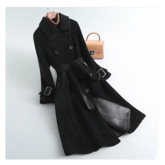 Elegant Winter Women's Solid Sheep Shearling Wool Fur Long Coats & Jackets