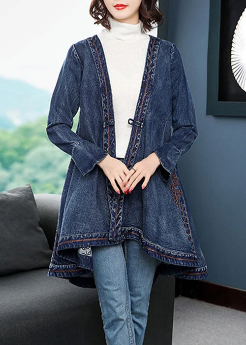 Fashion Blue low high design V Neck Embroideried Cotton Denim trench coats Long Sleeve