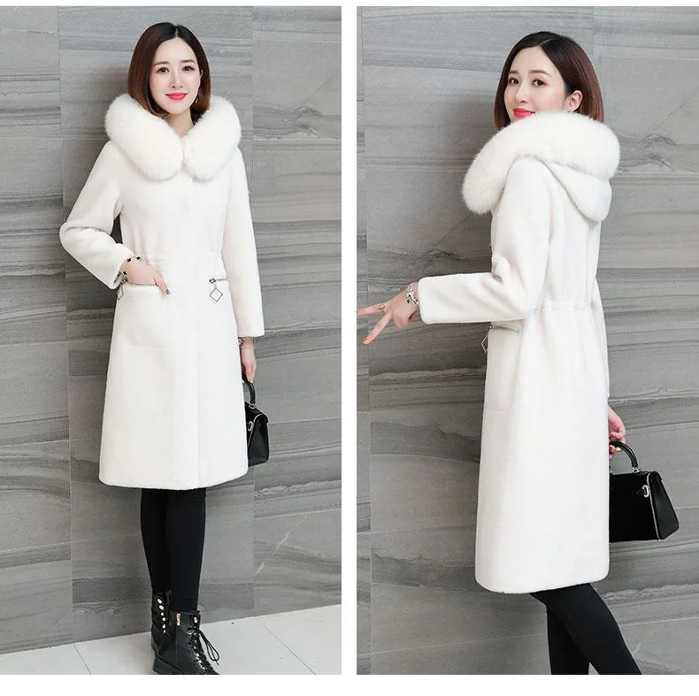 Female Winter Sheep Shearling Wool Natural Fox Fur Collar Coats & Jackets