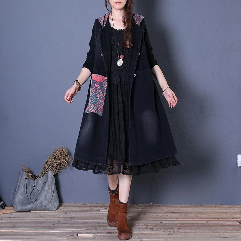 Fine black coats oversized maxi coat fall women coats patchwork hooded