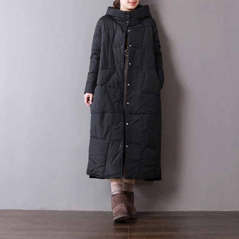 Fine Black Parkas Oversized Hooded Cotton Jacket Fine Pockets Winter Coats