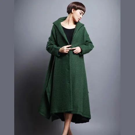 Fine blackish green Woolen Coats Women casual long stand collar patchwork outwear