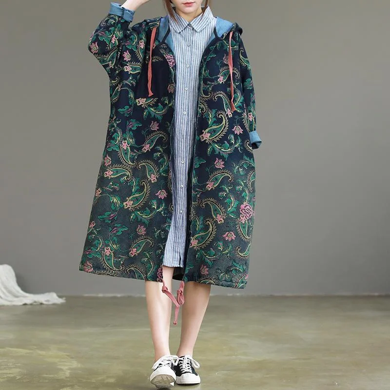 Fine blue print overcoat Loose fitting spring hooded drawstring coats