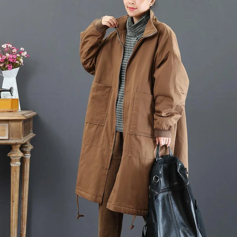 Fine brown coat for woman casual medium length fall jackets zippered