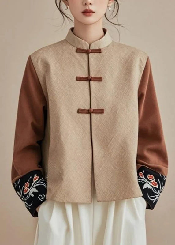 Fine Khaki Stand Collar Patchwork Coats Fall