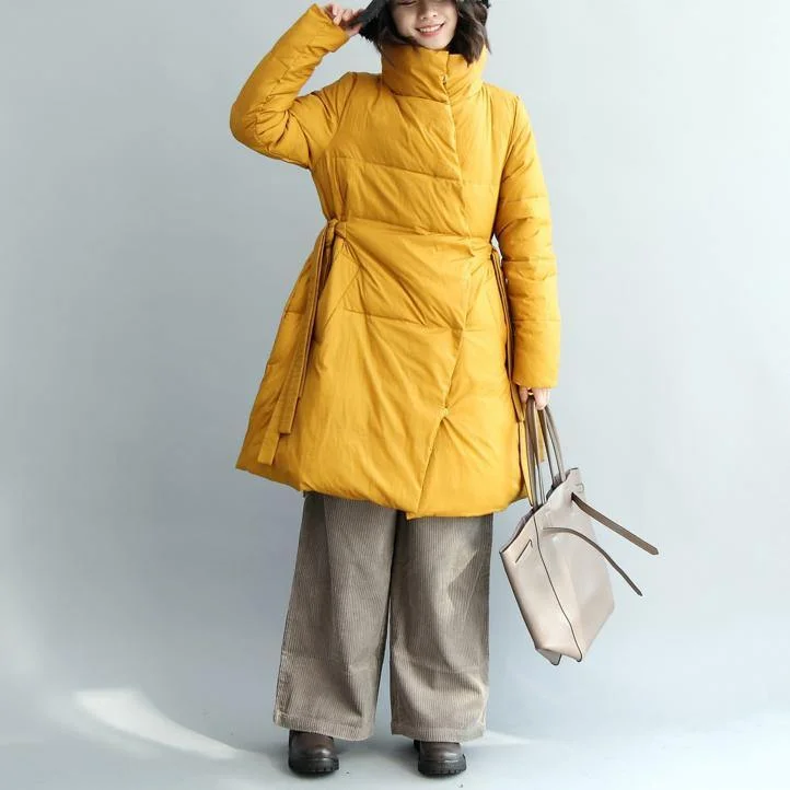 Fine yellow down jacket casual tie waist down jacket Elegant stand collar coats