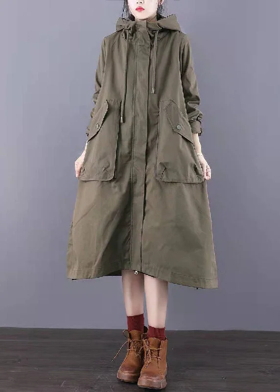 Fitted Army Green Zip Up Pockets Cotton trench coats Spring