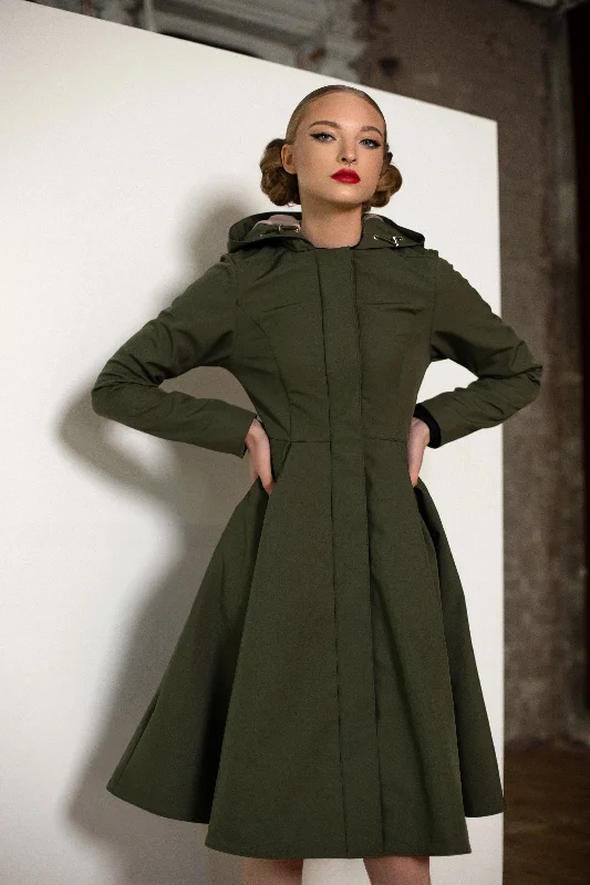 Fitted Coat with Pleated Skirt in Khaki Green | 'Moss Green'