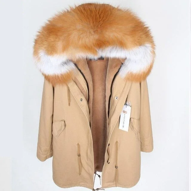 Fox Fur Leather Women's Large Hooded Long Detachable Lining Coats & Jackets