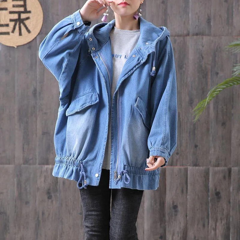 French cotton clothes For Women Organic Denim Hooded Loose Women Casual Coat