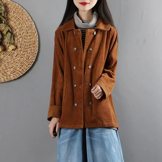 French double breast Fashion lapel collar tunics for women brown cotton coats