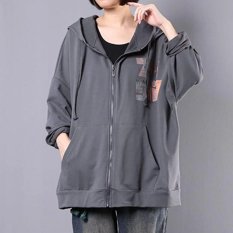 French hooded cotton outwear for women Fabrics gray zippered cardigan coat fall