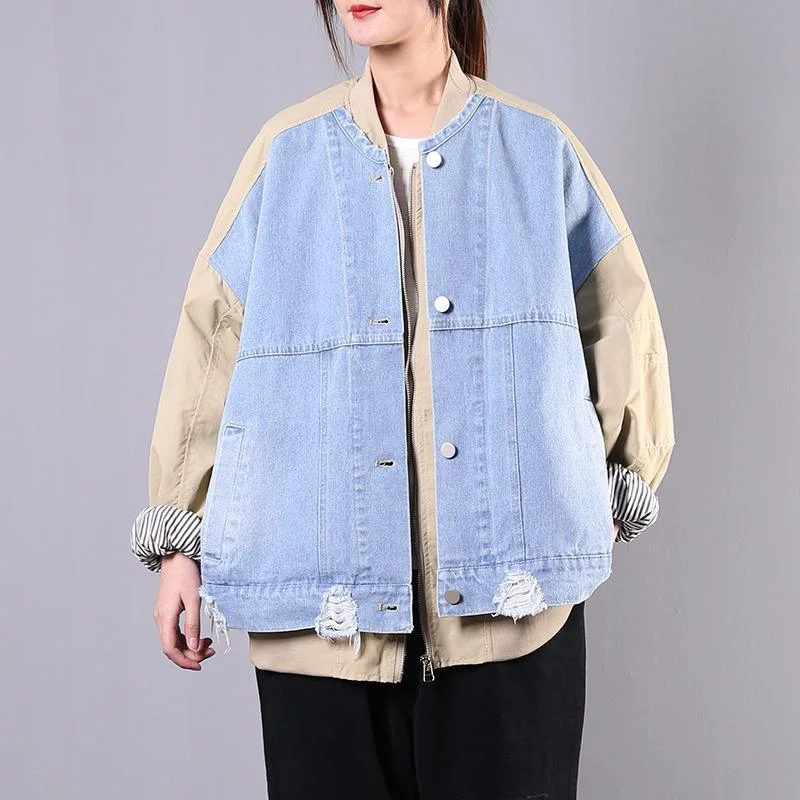 French patchwork Batwing Sleeve cotton linen tops women Work blue coat