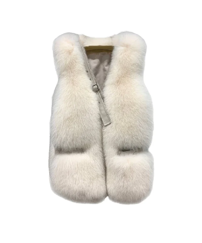 Genuine Striped Panel Fox Fur Vest Gilet In Cream