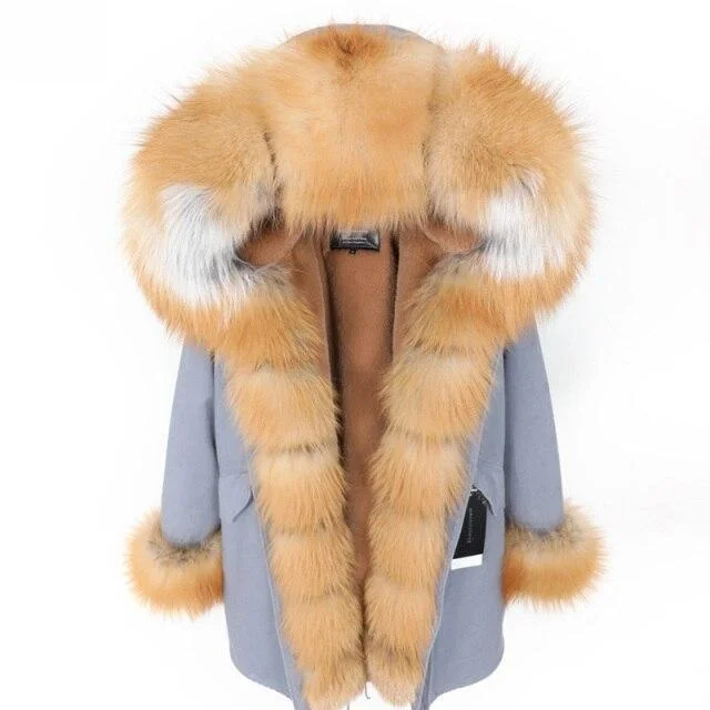 Gray Color Women's Fox Fur Leather Hooded Long Detachable Coats & Jackets