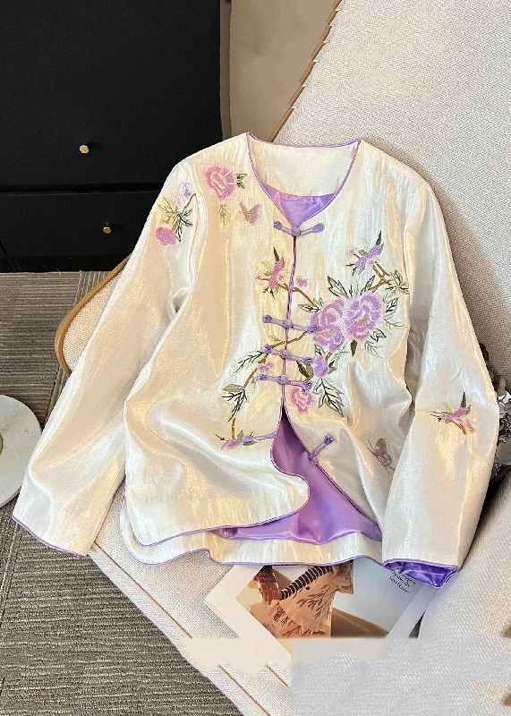 Handmade Apricot Embroidered Button Silk Coats Fall