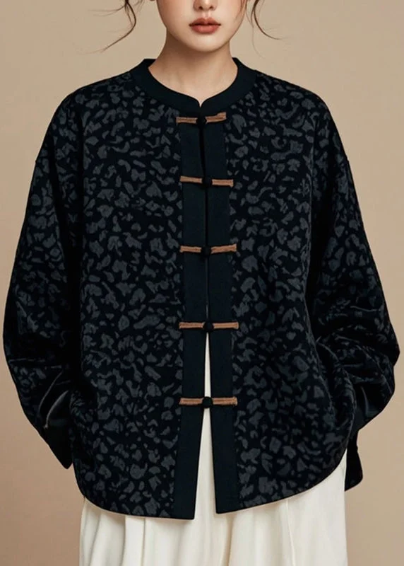 Handmade Black O-Neck Patchwork Button Coats Fall