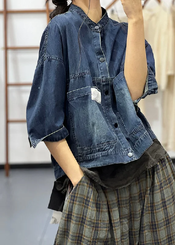 Handmade Blue Stand Collar Button Denim Coat Half Sleeve