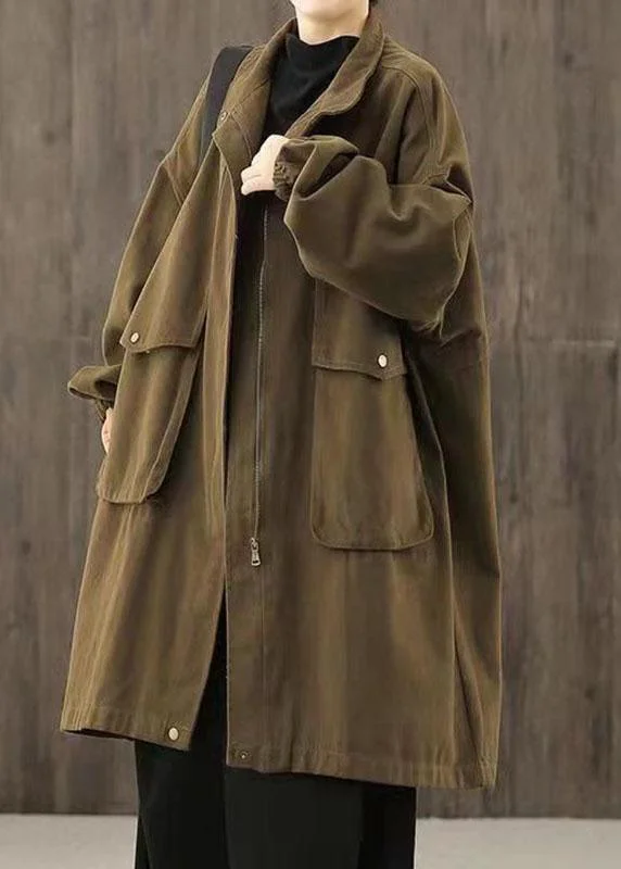 Handmade Coffee Casual zippered Pockets Patchwork Fall trench coats