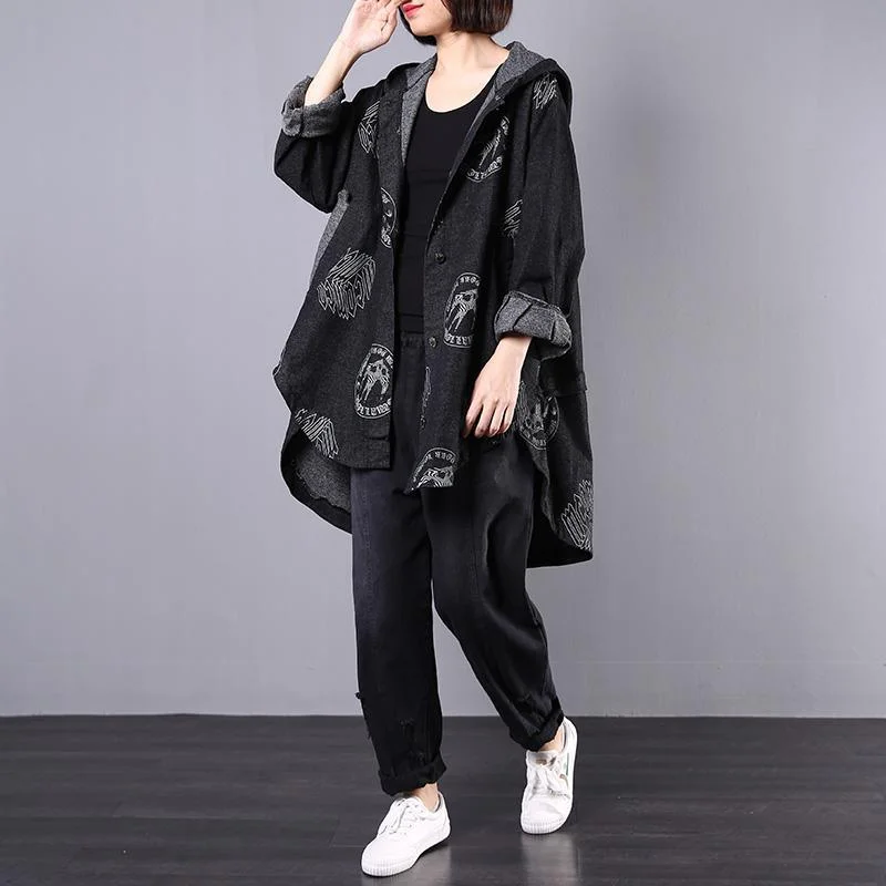 Handmade hooded cotton clothes For Women Outfits black prints coats fall