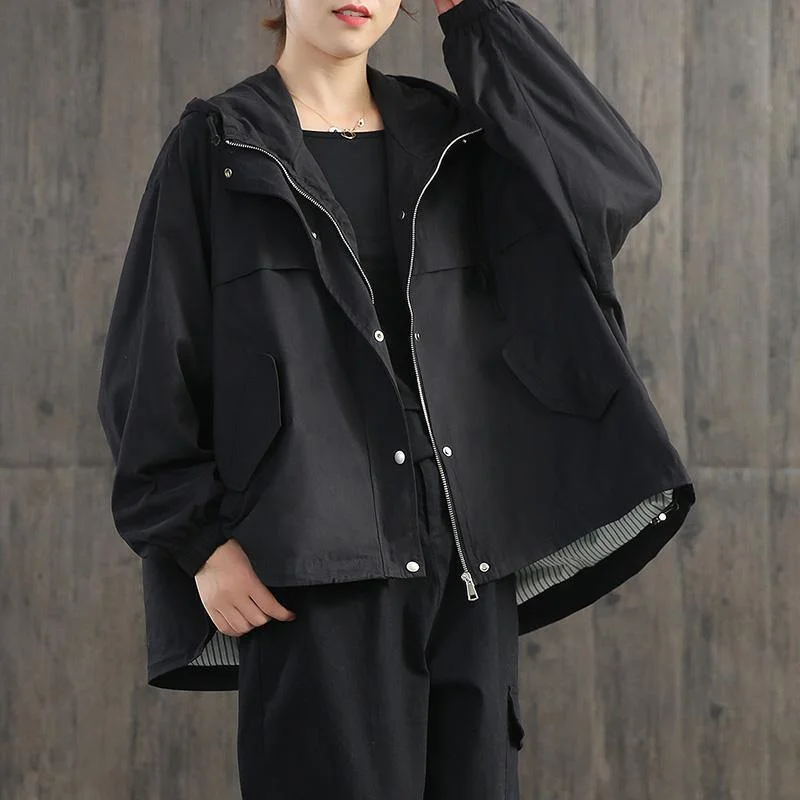 Handmade hooded zippered cotton clothes Sleeve black coats fall