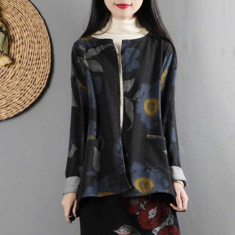 Handmade long sleeve Fine o neck tunic coats black prints Midi outwear